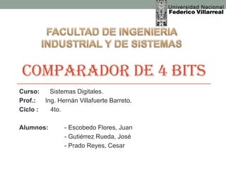 COMPARADOR DE 4 BITS
Curso:
Sistemas Digitales.
Prof.:
Ing. Hernán Villafuerte Barreto.
Ciclo :
4to.
Alumnos:

- Escobedo Flores, Juan
- Gutiérrez Rueda, José
- Prado Reyes, Cesar

 