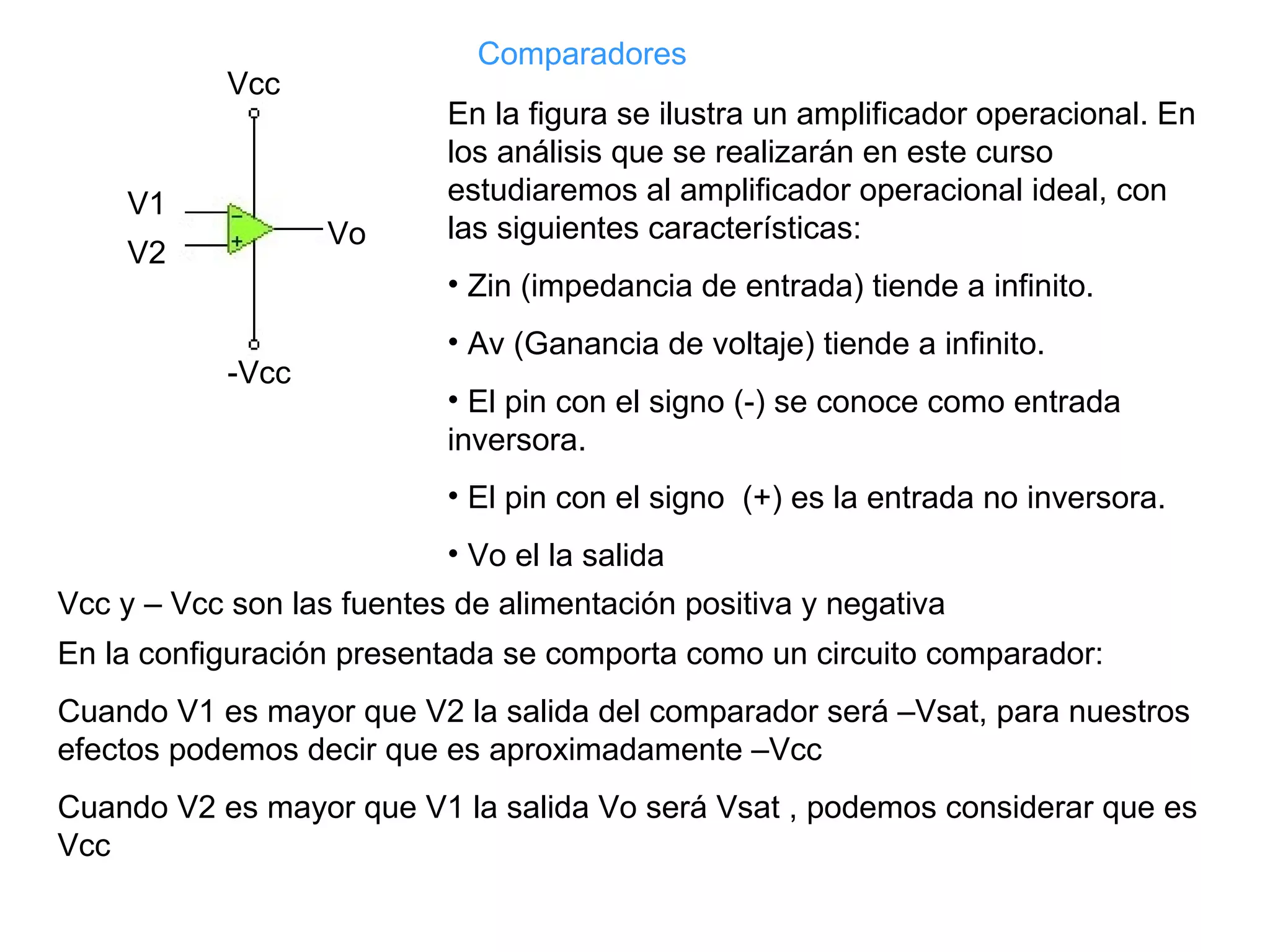 Vcc -Vcc V1 V2 Vo En la figura se ilustra un amplificador operacional. En los análisis que se realizarán en este curso estudiaremos al amplificador operacional ideal, con las siguientes características: Zin (impedancia de entrada) tiende a infinito. Av (Ganancia de voltaje) tiende a infinito. El pin con el signo (-) se conoce como entrada inversora. El pin con el signo (+) es la entrada no inversora. Vo el la salida En la configuración presentada se comporta como un circuito comparador: Cuando V1 es mayor que V2 la salida del comparador será –Vsat, para nuestros efectos podemos decir que es aproximadamente –Vcc Cuando V2 es mayor que V1 la salida Vo será Vsat , podemos considerar que es Vcc Vcc y – Vcc son las fuentes de alimentación positiva y negativa Comparadores