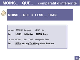MOINS…  QUE…  comparatif d’infériorité Je suis  MOINS  bavarde  QUE  lui.   I’m  LESS  talkative  THAN   him. Je suis MOINS  fort  QUE  mon grand frère. I’m  LESS   strong  THAN  my older brother. p3 MOINS … QUE  =  LESS … THAN 