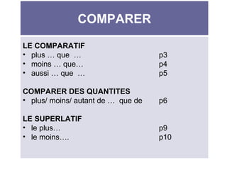 COMPARER <ul><li>LE COMPARATIF </li></ul><ul><li>plus … que  …     p3 </li></ul><ul><li>moins … que… p4 </li></ul><ul><li>...
