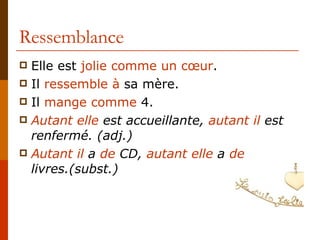 Ressemblance Elle est  jolie comme un cœur . Il  ressemble à  sa mère. Il  mange comme  4. Autant elle  est accueillante,  autant il  est renfermé. (adj.) Autant il  a  de  CD,  autant elle  a  de  livres.(subst.) 