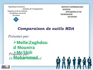 Présenter par:
Comparaison de outils MDA
Proposée par:
Dr.Maddah Mohamed
Melle:Zaghdou
d Mounira
Mr:Shili
Mohammed
République tunisienne
ministère de l’enseignement
Supérieur et de la recherche
Scientifique université
De sousse
INSTITUT SUPÉRIEUR DES
SCIENCES
APPLIQUÉES ET DE
TECHNOLOGIE
DE SOUSSE
 