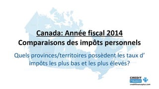 creditfinanceplus.com
Canada: Année fiscale 2014
Comparer les impôts personnels
Quels provinces/territoires possèdent les taux d’
impôts les plus bas et les plus élevés?
 