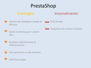PrestaShop
Avantages:
Gestion de catalogues souple et
efficace
Inconvénients:
Coût annexe
Traduction de certains modules
Outils marketing pour vendre
plus
Boutique optimisé pour le
référencement
Des extensions et des hommes
CMS Très simple