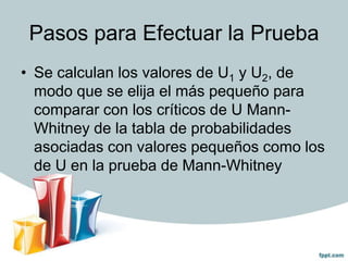 Pasos para Efectuar la Prueba
• Se calculan los valores de U1 y U2, de
modo que se elija el más pequeño para
comparar con los críticos de U MannWhitney de la tabla de probabilidades
asociadas con valores pequeños como los
de U en la prueba de Mann-Whitney

 