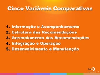 Cinco Variáveis Comparativas
1. Informação e Acompanhamento
2. Estrutura das Recomendações
3. Gerenciamento das Recomendações
4. Integração e Operação
5. Desenvolvimento e Manutenção
5
 
