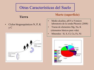 Apariencia del Suelo MarcianoEl suelo marciano es extremadamente seco y pareceuna arena arcillosa polvorienta, rica en hierroEn pruebas de simulación en laboratorio sedeterminó que mezclado con agua, el suelomarciano produce buenos “ladrillos”, con unaresistencia de un poco más de la mitad delconcreto convencional