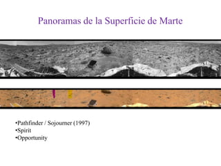 Composición del Suelo de La Tierra y MarteLa TierraMarte (superficie)40 a 45% O2 por masaApariencia:  arena gruesa rojiza, polvorienta, rica en hierro Roca ígnea finamente granuladaArcillas y silicatos ricos en hierroSulfato de magnesioOxidos de Hierro (color rojizo)Agentes OxidantesHematita (magnetita) – óxidos de hierro (flujo volcánico caliente)Carbonatos de calcio (reacción atmosférica de CO2 y aguaAzufreCarece de compuestos orgánicos complejos y actividad microbianaApariencia: gran variedad de texturas y estructurasSesquióxidos de Fe y AlMacronutrientes: C, H, O; N, P,K, Ca, Mg y SMicronutientes: Fe, Mn, B,Mo, Cu, Zn y ClMateria Orgánica – “humus”