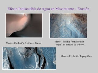 Otras Características del SueloMarte (superficie)TierraCiclos biogeoquímicosN, P, K y CMedio alcalino, pH 8 a 9 (micro laboratorio de la sonda Phoenix (2008)Trazas de elementos Mg, Na, K     (elementos básicos para vida)Minerales:  Si, S, Cl, Ca, Fe, Ni