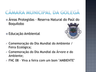  Áreas   Protegidas - Reserva Natural do Paúl do
    Boquilobo

 Educação    Ambiental

   Comemoração do Dia Mundial do Ambiente /
    Feira Ecológica;
   Comemoração do Dia Mundial da Árvore e do
    Ambiente;
   FNC 08 – Viva a feira com um bom "AMBIENTE"
 