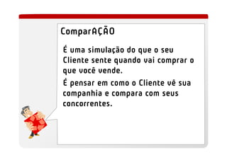 ComparAÇÃO
É uma simulação do que o seu
Cliente sente quando vai comprar o
que você vende.
É pensar em como o Cliente vê sua
companhia e compara com seus
concorrentes.
 
