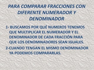 PARA COMPARAR FRACCIONES CON
DIFERENTE NUMERADOR Y
DENOMINADOR
1- BUSCAMOS POR QUÉ NUMEROS TENEMOS
QUE MULTIPLICAR EL NUMERADOR Y EL
DENOMINADOR DE CADA FRACCIÓN PARA
QUE LOS DENOMINADORES SEAN IGUALES.
2-CUANDO TENGAN EL MISMO DENOMINADOR
YA PODEMOS COMPARARLAS.