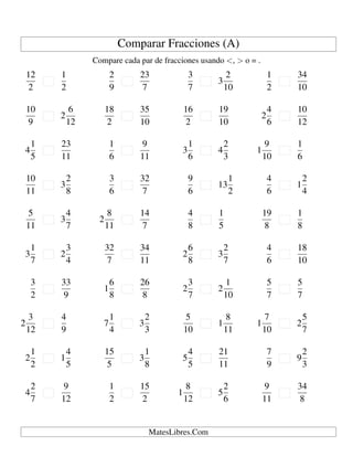 Comparar Fracciones (A)
Compare cada par de fracciones usando <, > o = .
12
2
1
2
2
9
23
7
3
7
3
2
10
1
2
34
10
10
9
2
6
12
18
2
35
10
16
2
19
10
2
4
6
10
12
4
1
5
23
11
1
6
9
11
3
1
6
4
2
3
1
9
10
1
6
10
11
3
2
8
3
6
32
7
9
6
13
1
2
4
6
1
2
4
5
11
3
4
7
2
8
11
14
7
4
8
1
5
19
8
1
8
3
1
7
2
3
4
32
7
34
11
2
6
8
3
2
7
4
6
18
10
3
2
33
9
1
6
8
26
8
2
3
7
2
1
10
5
7
5
7
2
3
12
4
9
7
1
4
3
2
3
5
10
1
8
11
1
7
10
2
5
7
2
1
2
1
4
5
15
5
3
1
8
5
4
5
21
11
7
9
9
2
3
4
2
7
9
12
1
2
15
2
1
8
12
5
2
6
9
11
34
8
MatesLibres.Com
 