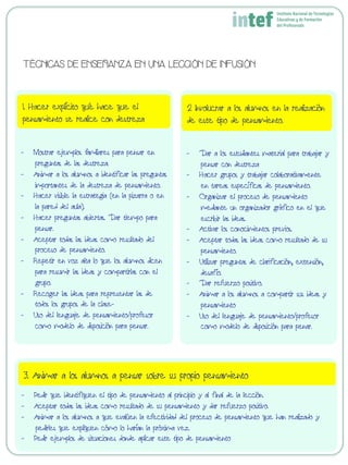-  Mostrar ejemplos familiares para pensar en
preguntas de las destreza.
-  Animar a los alumnos a identificar las preguntas
importantes de la destreza de pensamiento.
-  Hacer visible la estrategia (en la pizarra o en
la pared del aula).
-  Hacer preguntas abiertas. Dar tiempo para
pensar.
-  Aceptar todas las ideas como resultado del
proceso de pensamiento.
-  Repetir en voz alta lo que los alumnos dicen
para resumir las ideas y compartirlas con el
grupo.
-  Recoger las ideas para representar las de
todos los grupos de la clase-
-  Uso del lenguaje de pensamiento/profesor
como modelo de disposición para pensar.
-  Dar a los estudiantes material para trabajar y
pensar con destreza
-  Hacer grupos y trabajar colaborativamente
en tareas específicas de pensamiento.
-  Organizar el proceso de pensamiento
mediante un organizador gráfico en el que
escribir las ideas.
-  Activar los conocimientos previos.
-  Aceptar todas las ideas como resultado de su
pensamiento.
-  Utilizar preguntas de clarificación, extensión,
desafío.
-  Dar refuerzo positivo.
-  Animar a los alumnos a compartir sus ideas y
pensamiento
-  Uso del lenguaje de pensamiento/profesor
como modelo de disposición para penar.
1. Hacer explícito qué hace que el
pensamiento se realice con destreza
2 Involucrar a los alumnos en la realización
de este tipo de pensamiento.
-  Pedir que identifiquen el tipo de pensamiento al principio y al final de la lección.
-  Aceptar todas las ideas como resultado de su pensamiento y dar refuerzo positivo.
-  Animar a los alumnos a que evalúen la efectividad del proceso de pensamiento que han realizado y
pedirles que expliquen cómo lo harían la próxima vez.
-  Pedir ejemplos de situaciones donde aplicar este tipo de pensamiento
3. Animar a los alumnos a pensar sobre su propio pensamiento
TÉCNICAS DE ENSEÑANZA EN UNA LECCIÓN DE INFUSIÓN
 