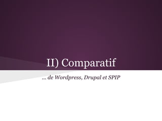 II) Comparatif
... de Wordpress, Drupal et SPIP
 