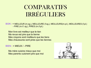COMPARATIFS
IRRÉGULIERS
BON : + MEILLEUR (m.sg.), MEILLEURE (f.sg.), MEILLEURS(m.pl.), MEILLEURES (f.pl.)
- PIRE (m./f. sg.), PIRES (m./f.pl.)
Mon livre est meilleur que le tien
Ma revue est pire que la tienne
Mes crayons sont meilleurs que les tiens
Mes chaussures sont pires que les tiennes
BIEN : + MIEUX / - PIRE
Ma mère cuisine mieux que moi
Mes parents cuisinent pire que moi
 