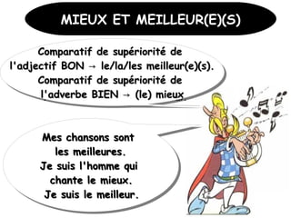 MIEUX ET MEILLEUR(E)(S)MIEUX ET MEILLEUR(E)(S)
Comparatif de supériorité deComparatif de supériorité de
l'adjectif BON le/la/les meilleur(e)(s).→l'adjectif BON le/la/les meilleur(e)(s).→
Comparatif de supériorité deComparatif de supériorité de
l'adverbe BIEN (le) mieux→l'adverbe BIEN (le) mieux→
Comparatif de supériorité deComparatif de supériorité de
l'adjectif BON le/la/les meilleur(e)(s).→l'adjectif BON le/la/les meilleur(e)(s).→
Comparatif de supériorité deComparatif de supériorité de
l'adverbe BIEN (le) mieux→l'adverbe BIEN (le) mieux→
 
