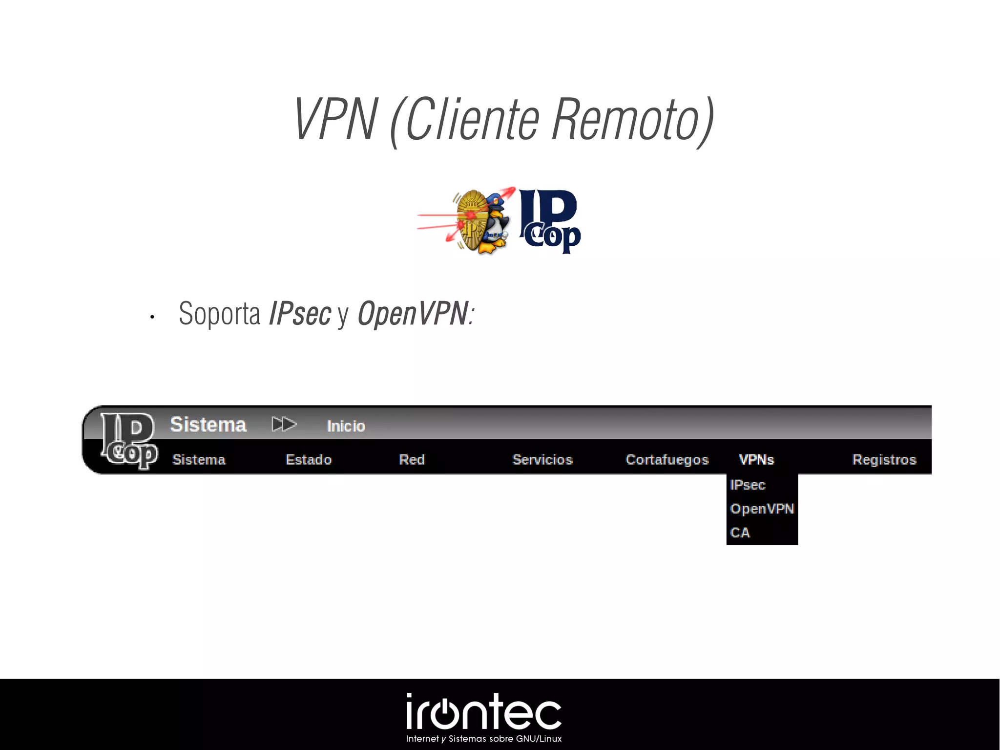 • Soporta IPsec y OpenVPN:
VPN (Cliente Remoto)
 