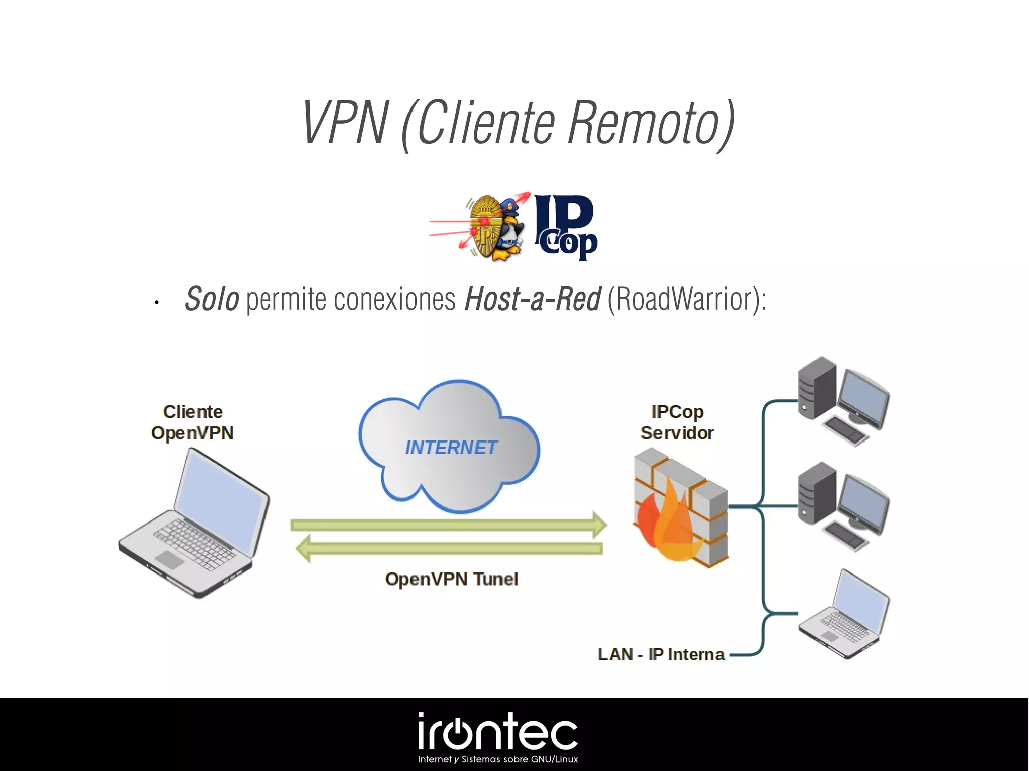 • Solo permite conexiones Host-a-Red (RoadWarrior):
VPN (Cliente Remoto)
 