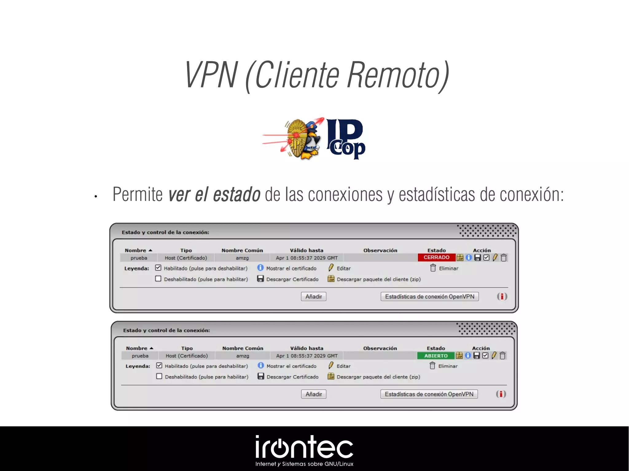 • Permite ver el estado de las conexiones y estadísticas de conexión:
VPN (Cliente Remoto)
 