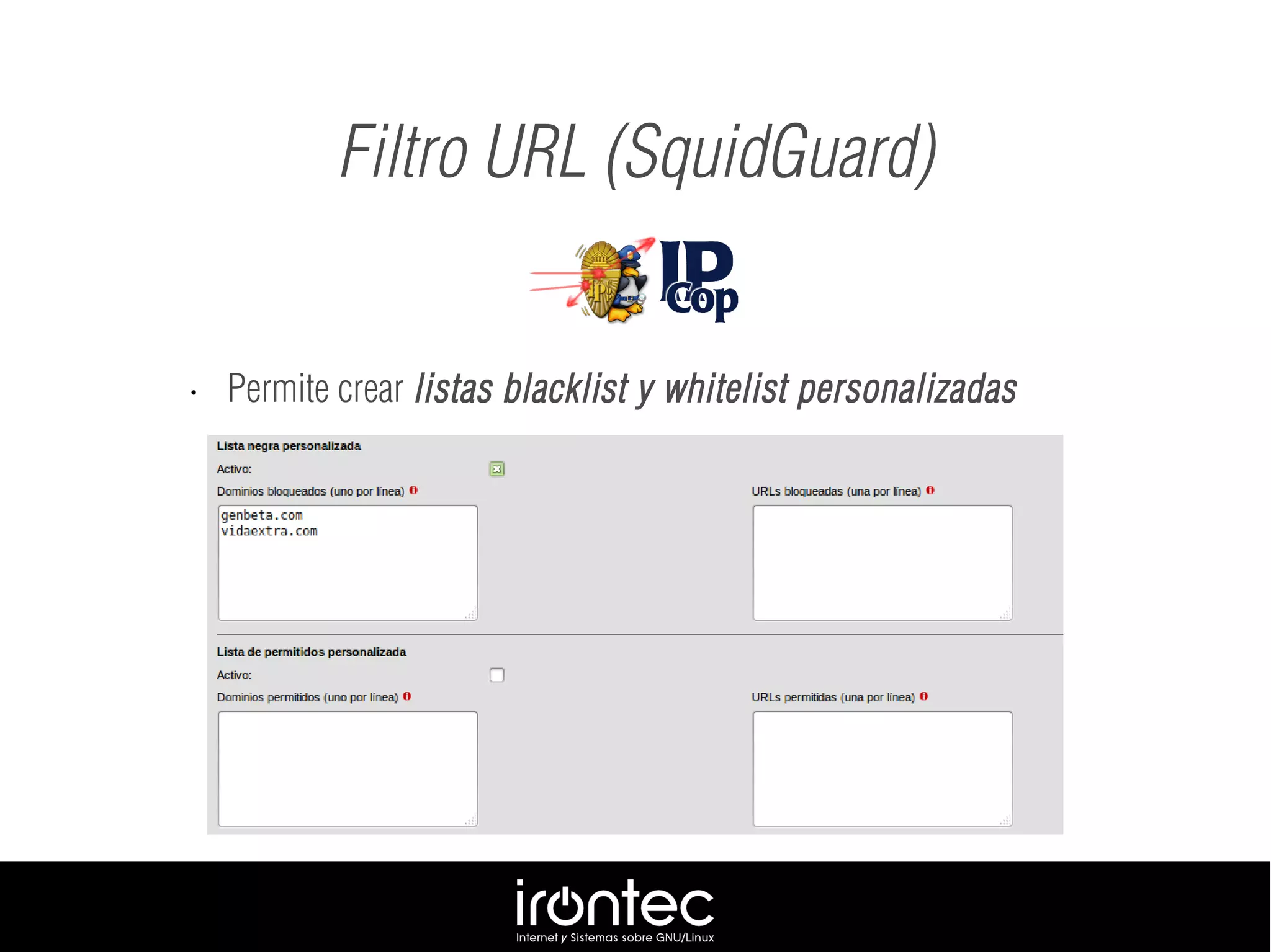 Filtro URL (SquidGuard)
• Permite crear listas blacklist y whitelist personalizadas
 