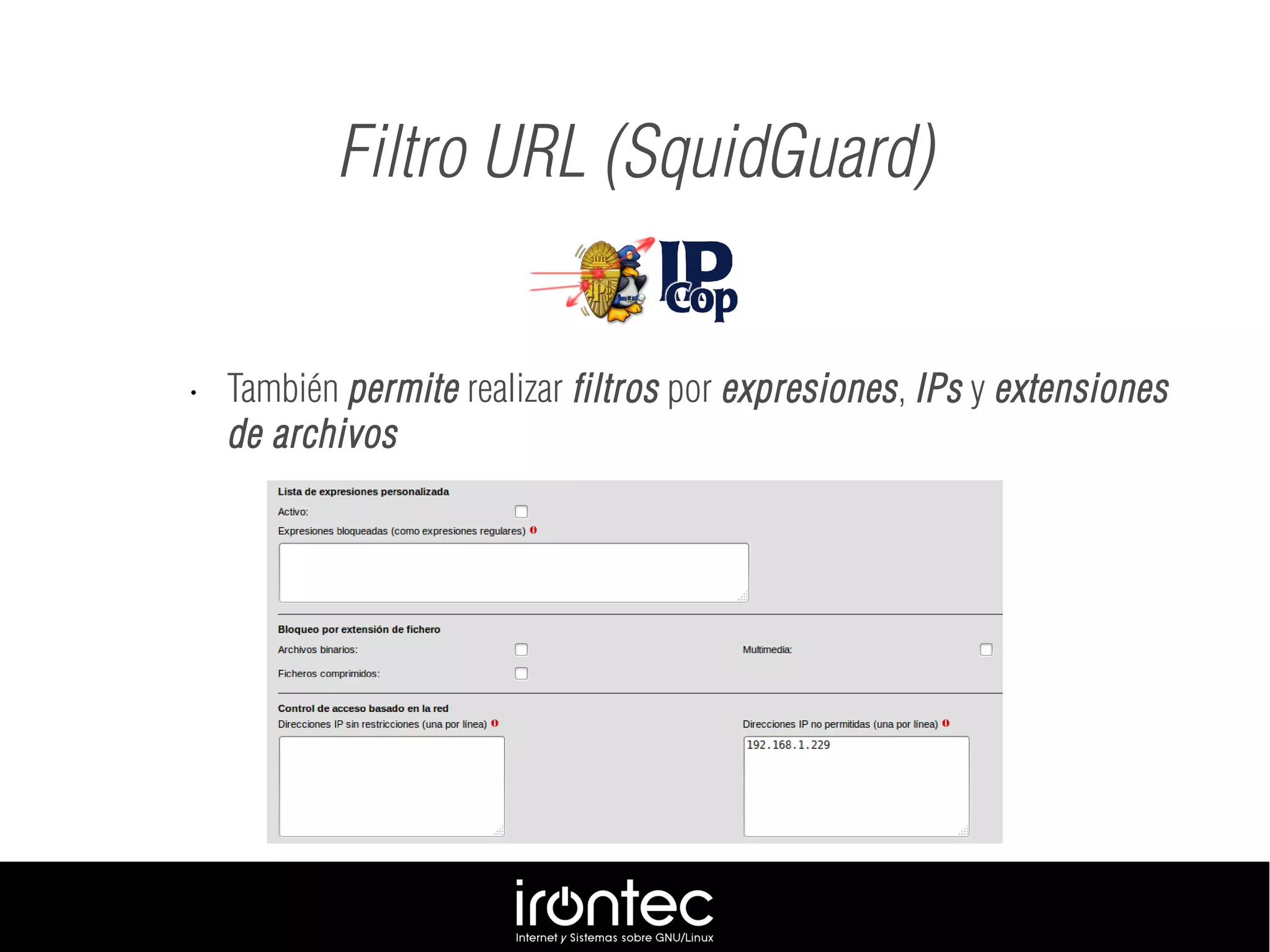 Filtro URL (SquidGuard)
• También permite realizar filtros por expresiones, IPs y extensiones
de archivos
 