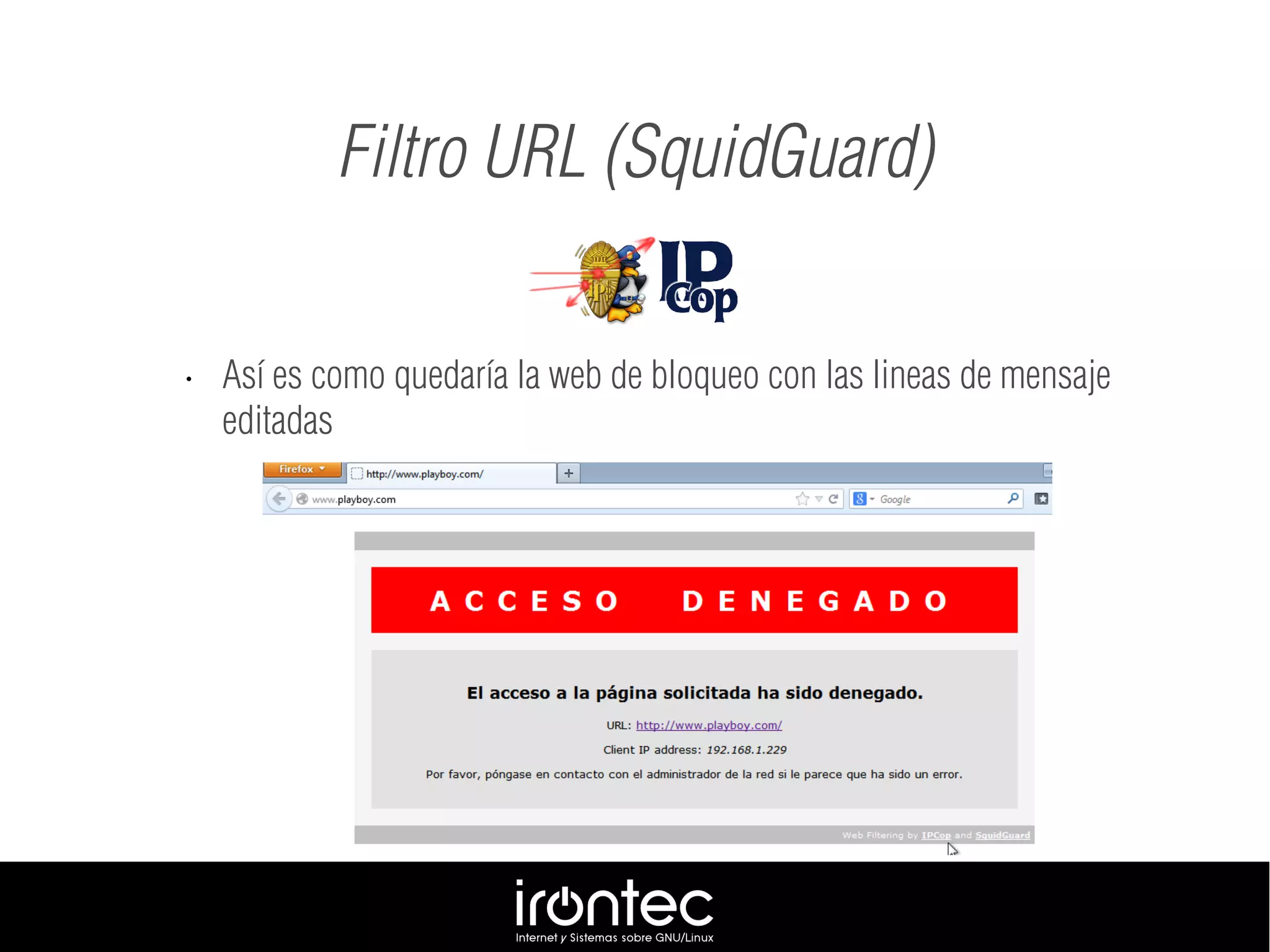 Filtro URL (SquidGuard)
• Así es como quedaría la web de bloqueo con las lineas de mensaje
editadas
 