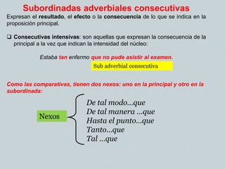 Subordinadas adverbiales consecutivas
Expresan el resultado, el efecto o la consecuencia de lo que se indica en la
proposición principal.
 Consecutivas intensivas: son aquellas que expresan la consecuencia de la
principal a la vez que indican la intensidad del núcleo:
Estaba tan enfermo que no pude asistir al examen.
Como las comparativas, tienen dos nexos: uno en la principal y otro en la
subordinada:
Sub adverbial consecutiva
De tal modo…que
De tal manera …que
Hasta el punto…que
Tanto…que
Tal …que
Nexos
 