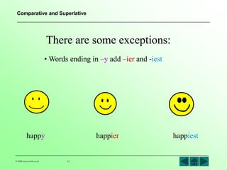 Comparative and Superlative 
There are some exceptions: 
•Words ending in –y add –ier and -iest 
happy happier happiest 
© 2004 www.teachit.co.uk 12 
 