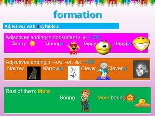 formation
Adjectives with 2 syllable:s
Adjectives ending in consonant + y: + ER
Sunny Sunnier Happy Happier
Adjectives ending in –ow, -er, -le: + ER
Narrow Narrower Clever Cleverer
Rest of them: More
Boring More boring
 
