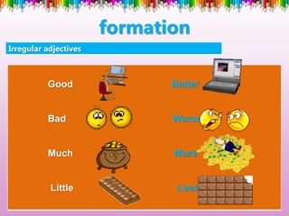 formation
Irregular adjectives
Good Better
Bad Worse
Much More
Little Less
 