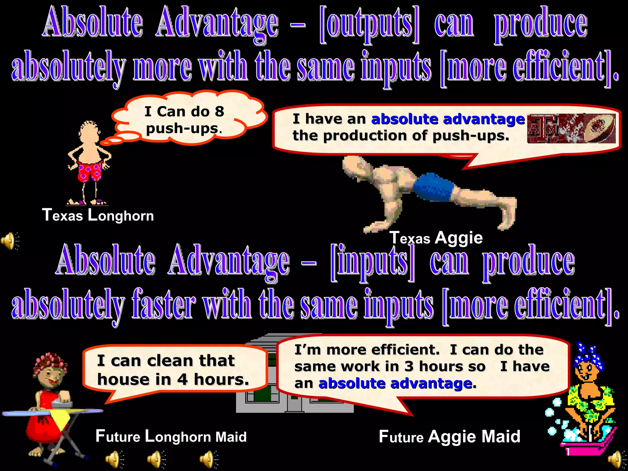 Absolute  Advantage  –  [outputs]  can  produce  absolutely more with the same inputs [more efficient]. Absolute  Advantage  –  [inputs]  can  produce absolutely faster with the same inputs [more efficient].  I Can do 8 push-ups . I Can do 42 push-ups. I have an  absolute advantage   in the production of push-ups. I can clean that  house in 4 hours. I’m more efficient.  I can do the same work in 3 hours so  I have an  absolute advantage . T exas  L onghorn   T exas  Aggie  F uture  L onghorn Maid   F uture  Aggie Maid 