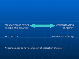 SEPARATION OF POWER   CONCENTRATION CHECKS AND BALANCE   OF POWER Ex.: The U..S.    Towards dictactorship All democracies do have some sort of separation of power 