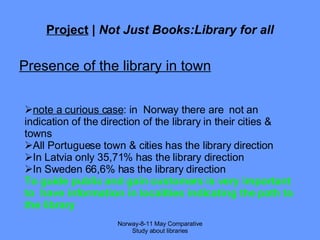 Project  |  Not Just Books:Library for all Presence of the library in town Norway-8-11 May Comparative Study about libraries note a curious case : in  Norway there are  not an indication of the direction of the library in their cities & towns All Portuguese town & cities has the library direction  In Latvia only 35,71% has the library direction In Sweden 66,6% has the library direction To guide public and gain customers is very important to  have information in localities indicating the path to the library 