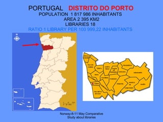 PORTUGAL  DISTRITO DO PORTO POPULATION  1 817 986 INHABITANTS   AREA 2 395 KM2 LIBRARIES 18  RATIO 1 LIBRARY PER 100 999,22 INHABITANTS   Norway-8-11 May Comparative Study about libraries 