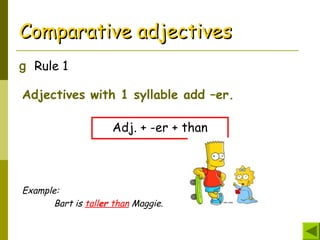 g Rule 1
Comparative adjectivesComparative adjectives
Adjectives with 1 syllable add –er.
Adj. + -er + than
Example:
Bart is taller than Maggie.
 