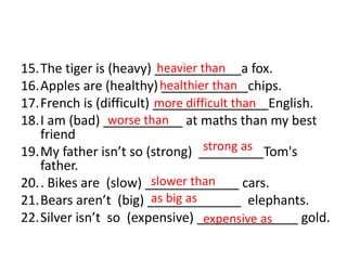 15.The tiger is (heavy) ____________a fox.
16.Apples are (healthy) ____________chips.
17.French is (difficult) ________________English.
18.I am (bad) ___________ at maths than my best
friend
19.My father isn’t so (strong) _________Tom's
father.
20.. Bikes are (slow) _____________ cars.
21.Bears aren’t (big) _____________ elephants.
22.Silver isn’t so (expensive) ______________ gold.
heavier than
healthier than
more difficult than
worse than
strong as
slower than
as big as
expensive as
 