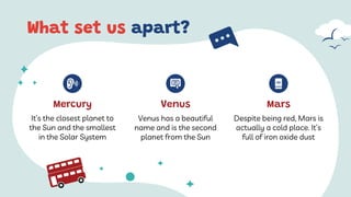 What set us apart?
It’s the closest planet to
the Sun and the smallest
in the Solar System
Mercury
Despite being red, Mars is
actually a cold place. It’s
full of iron oxide dust
Mars
Venus has a beautiful
name and is the second
planet from the Sun
Venus
 