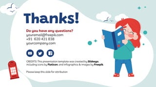 CREDITS: This presentation template was created by Slidesgo,
including icons by Flaticon, and infographics & images by Freepik
Thanks!
Do you have any questions?
youremail@freepik.com
+91 620 421 838
yourcompany.com
Please keep this slide for attribution
 
