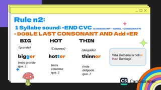 BIG HOT
(grande)
Rule n2:
1 Syllabe sound: -END CVC (CONSONANT - VOWEL - CONSONANT)
- DOBLE LAST CONSONANT AND Add +ER
THIN
bigger
(más grande
que…)
(Caluroso) (delgado)
hotter thinner
(más
caluroso
que…)
(más
delgado
que…)
Villa alemana is hotter
than Santiago
 