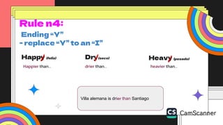 Happy (feliz)
Happier than…
Dry(seco)
drier than…
Rule n4:
Ending “Y”
- replace “Y” to an “I”
Villa alemana is drier than Santiago
Heavy (pesado)
heavier than…
 