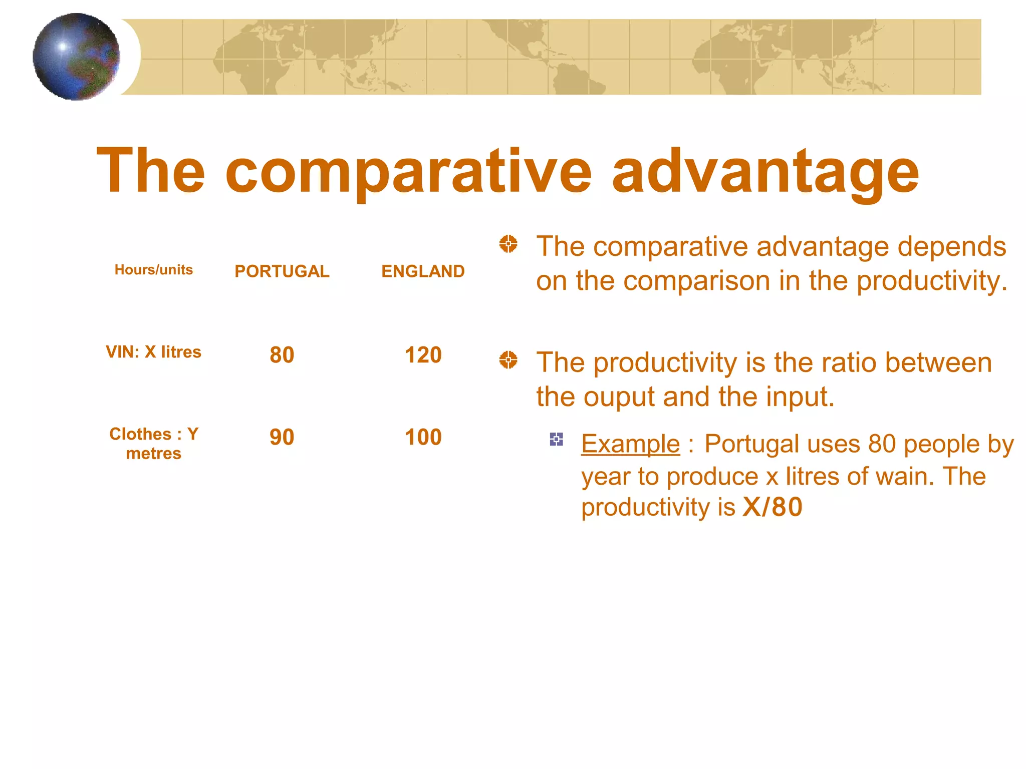 The comparative advantage
Hours/units

PORTUGAL

ENGLAND

VIN: X litres

80

120

Clothes : Y
metres

90

100

The comparative advantage depends
on the comparison in the productivity.
The productivity is the ratio between
the ouput and the input.
Example : Portugal uses 80 people by
year to produce x litres of wain. The
productivity is X/80

 