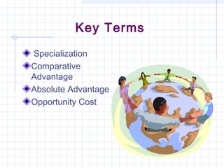 Key Terms
Specialization
Comparative
Advantage
Absolute Advantage
Opportunity Cost
 