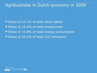 Agribusiness in Dutch economy in 2009
 Share of 12.1% of total value added
 Share of 10.4% of total employment
 Share of 14.8% of total energy consumption
 Share of 25.3% of total CO2 emissions
 