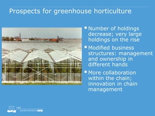 Prospects for greenhouse horticulture
Number of holdings
decrease; very large
holdings on the rise
Modified business
structures: management
and ownership in
different hands
More collaboration
within the chain;
innovation in chain
management
 