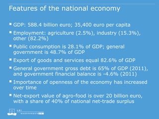 Features of the national economy
 GDP: 588.4 billion euro; 35,400 euro per capita
 Employment: agriculture (2.5%), industry (15.3%),
other (82.2%)
 Public consumption is 28.1% of GDP; general
government is 48.7% of GDP
 Export of goods and services equal 82.6% of GDP
 General government gross debt is 65% of GDP (2011),
and government financial balance is -4.6% (2011)
 Importance of openness of the economy has increased
over time
 Net-export value of agro-food is over 20 billion euro,
with a share of 40% of national net-trade surplus
 