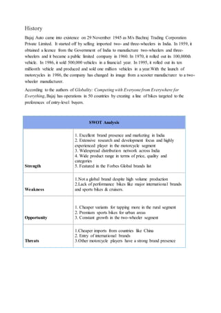 History
Bajaj Auto came into existence on 29 November 1945 as M/s Bachraj Trading Corporation
Private Limited. It started off by selling imported two- and three-wheelers in India. In 1959, it
obtained a licence from the Government of India to manufacture two-wheelers and three-
wheelers and it became a public limited company in 1960. In 1970, it rolled out its 100,000th
vehicle. In 1986, it sold 500,000 vehicles in a financial year. In 1995, it rolled out its ten
millionth vehicle and produced and sold one million vehicles in a year.With the launch of
motorcycles in 1986, the company has changed its image from a scooter manufacturer to a two-
wheeler manufacturer.
According to the authors of Globality: Competing with Everyone from Everywhere for
Everything, Bajaj has operations in 50 countries by creating a line of bikes targeted to the
preferences of entry-level buyers.
SWOT Analysis
Strength
1. Excellent brand presence and marketing in India
2. Extensive research and development focus and highly
experienced player in the motorcycle segment
3. Widespread distribution network across India
4. Wide product range in terms of price, quality and
categories
5. Featured in the Forbes Global brands list
Weakness
1.Not a global brand despite high volume production
2.Lack of performance bikes like major international brands
and sports bikes & cruisers.
Opportunity
1. Cheaper variants for tapping more in the rural segment
2. Premium sports bikes for urban areas
3. Constant growth in the two-wheeler segment
Threats
1.Cheaper imports from countries like China
2. Entry of international brands
3.Other motorcycle players have a strong brand presence
 