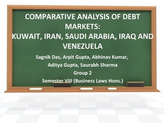 COMPARATIVE ANALYSIS OF DEBT
MARKETS:
KUWAIT, IRAN, SAUDI ARABIA, IRAQ AND
VENEZUELA
Sagnik Das, Arpit Gupta, Abhinav Kumar,
Aditya Gupta, Saurabh Sharma
Group 2
Semester VIII (Business Laws Hons.)
 