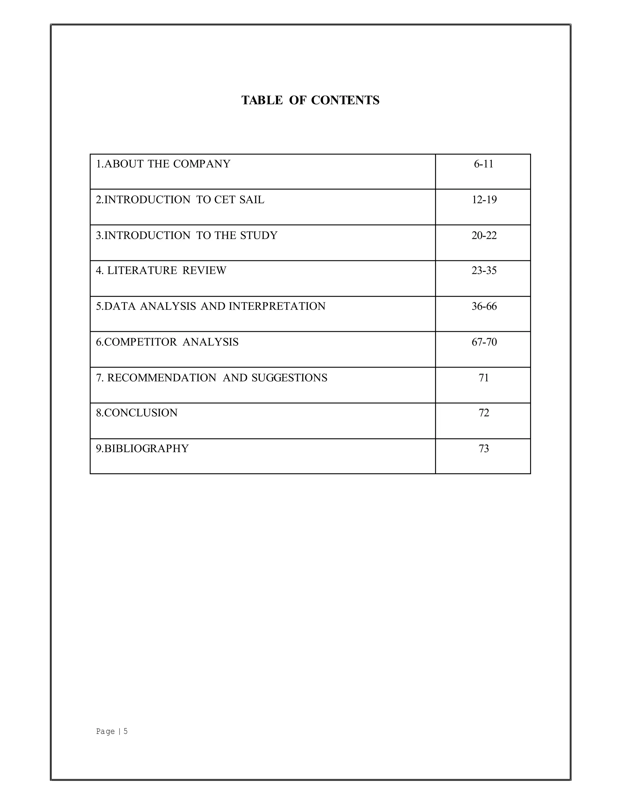 Page | 5
TABLE OF CONTENTS
1.ABOUT THE COMPANY 6-11
2.INTRODUCTION TO CET SAIL 12-19
3.INTRODUCTION TO THE STUDY 20-22
4. LITERATURE REVIEW 23-35
5.DATA ANALYSIS AND INTERPRETATION 36-66
6.COMPETITOR ANALYSIS 67-70
7. RECOMMENDATION AND SUGGESTIONS 71
8.CONCLUSION 72
9.BIBLIOGRAPHY 73
 