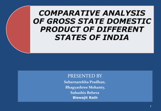 COMPARATIVE ANALYSIS
OF GROSS STATE DOMESTIC
PRODUCT OF DIFFERENT
STATES OF INDIA
1
PRESENTED BY
Subarnarekha Pradhan,
Bhagyashree Mohanty,
Subashis Behera
Biswajit Rath
 
